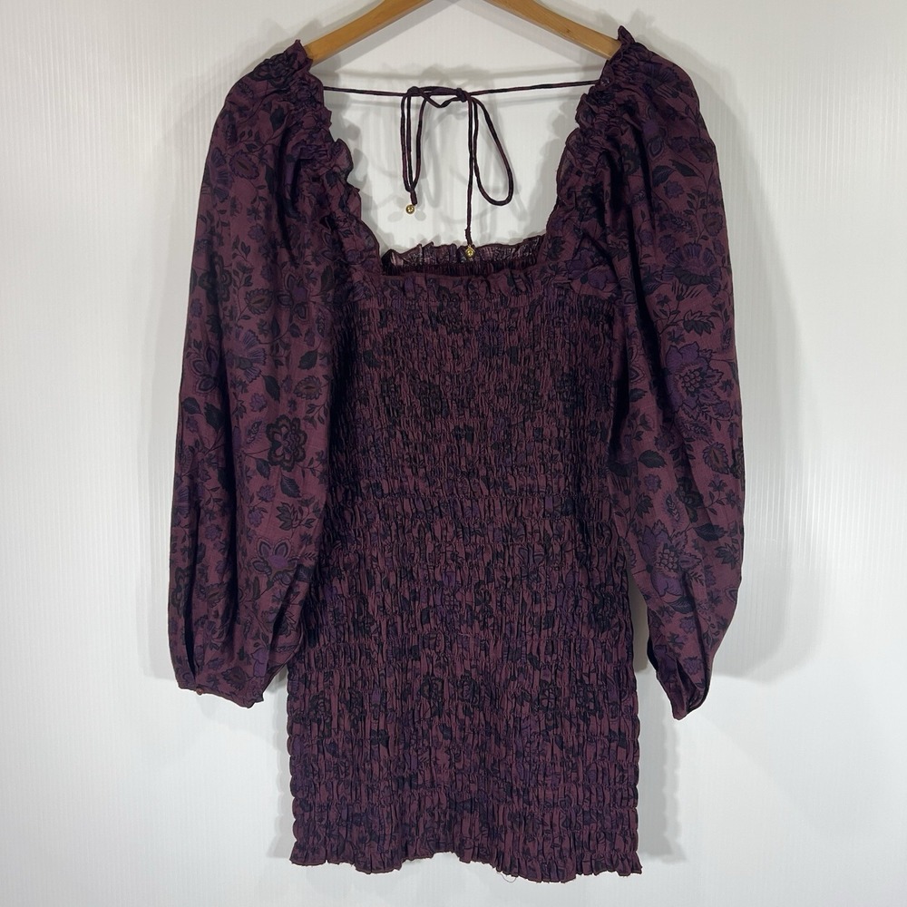 Free People Smock It To Me Mini Dress XS Burgundy Floral Puff Sleeve Cotton NEW - Picture 7 of 13